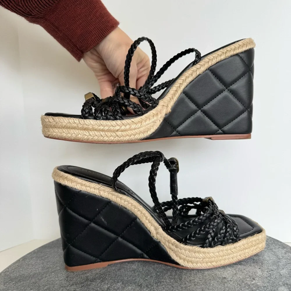 Marc Fisher Black Tan Hayla Wedge Heels Sandals 8 Leather